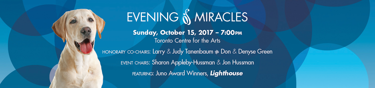 Evening of Miracles header banner. Portrait of adult Israel Guide Dog smiling at camera.